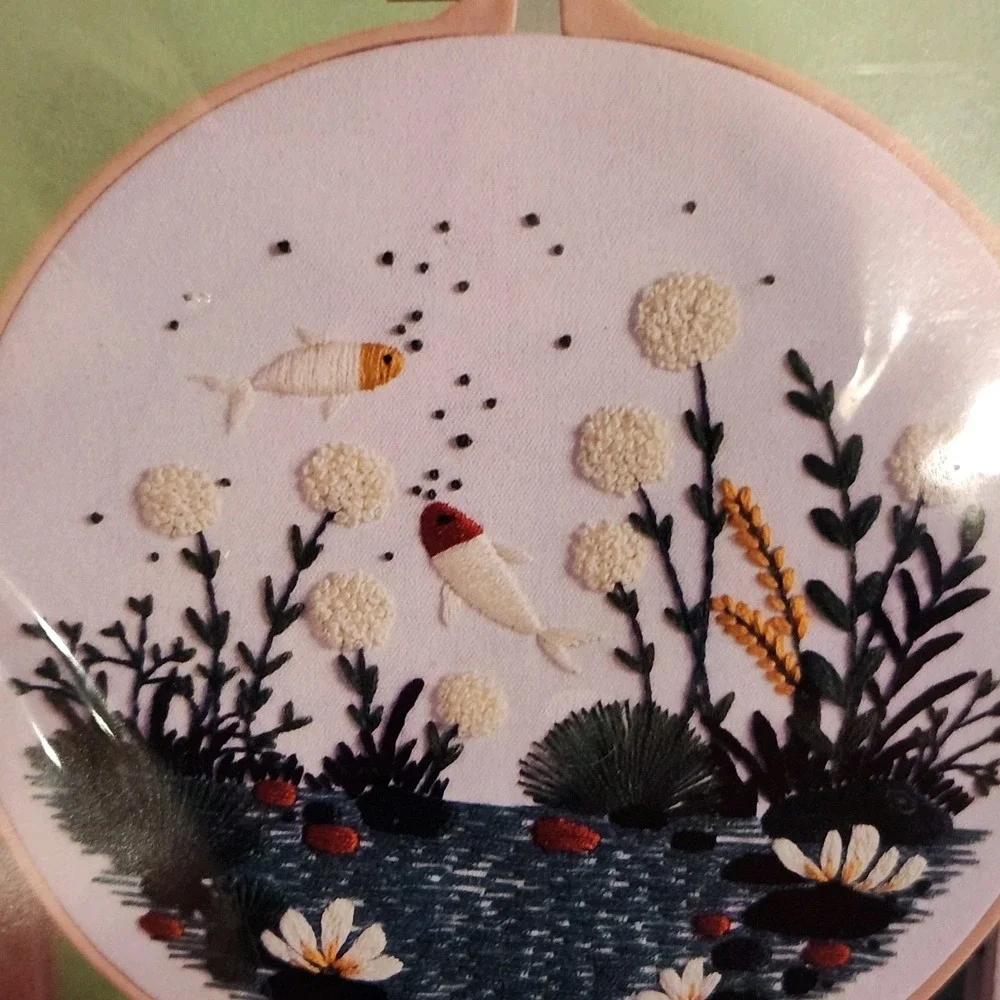 Embroidery Diy Art Kits  Pattern Hoop Thread Instructions. Fish Flowers Water
